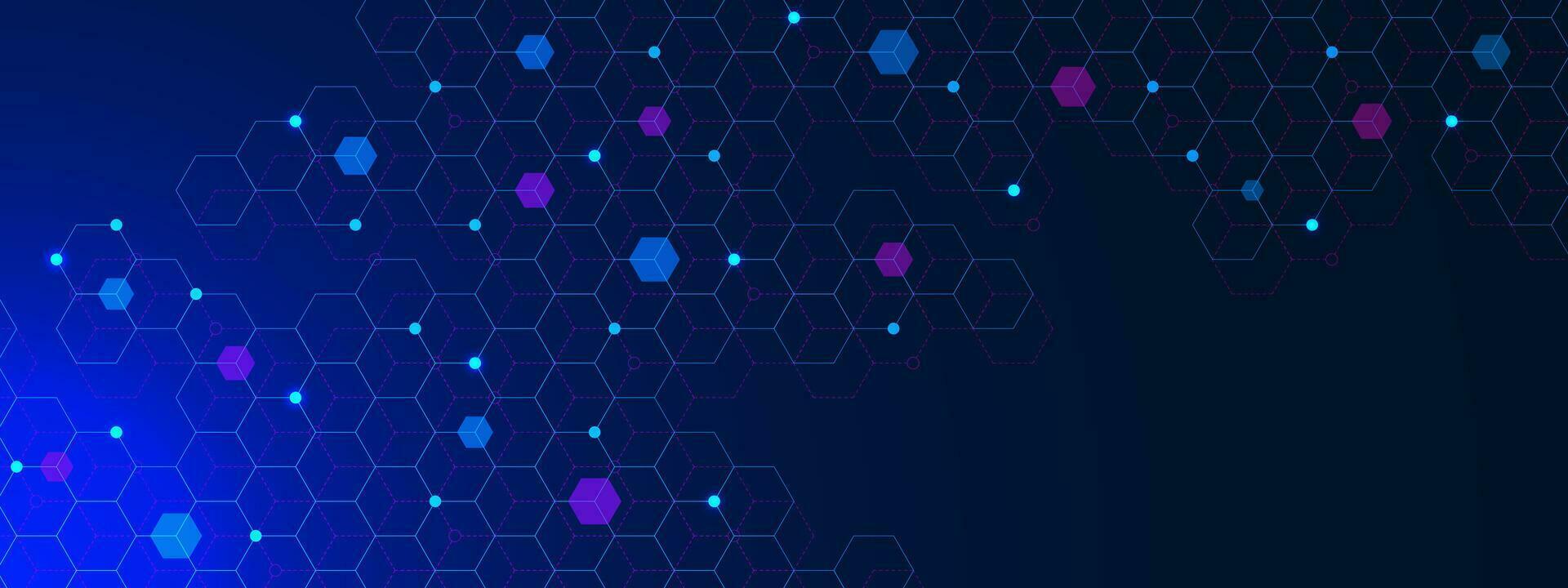 Minimal geometric shape with hexagons pattern and glowing particle on dark blue background. Medical, chemistry, science and technology concept. Vector illustration.