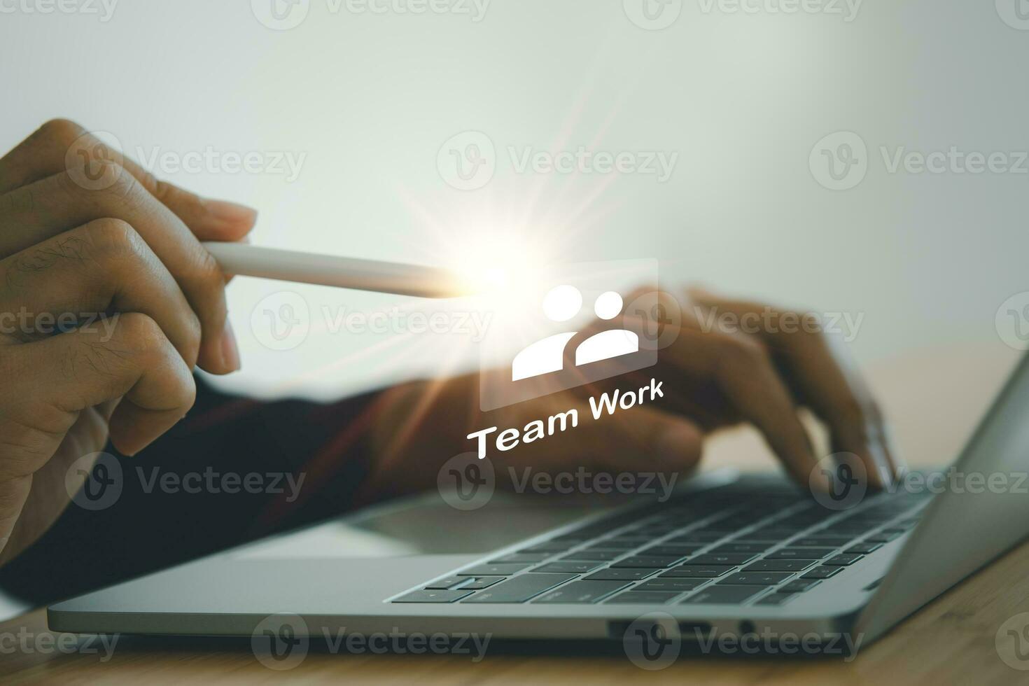 Business man pointing team work icon. Team strategy  management concept. photo