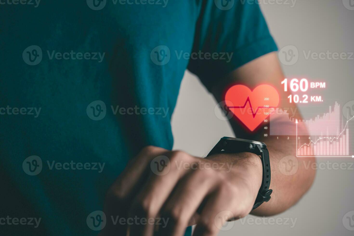 Man excercise and using smartwatch to monitoring and tracking health and heart rate by applications. technology and healthy concept. photo