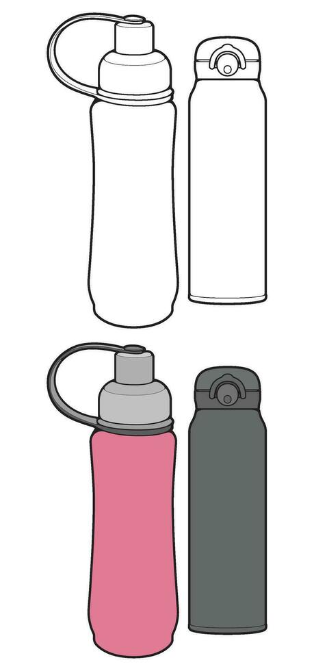 Set off Coloring of tumbler bottle outline drawing vector, tumbler bottle in a sketch style, tumbler bottle training template outline, vector Illustration.