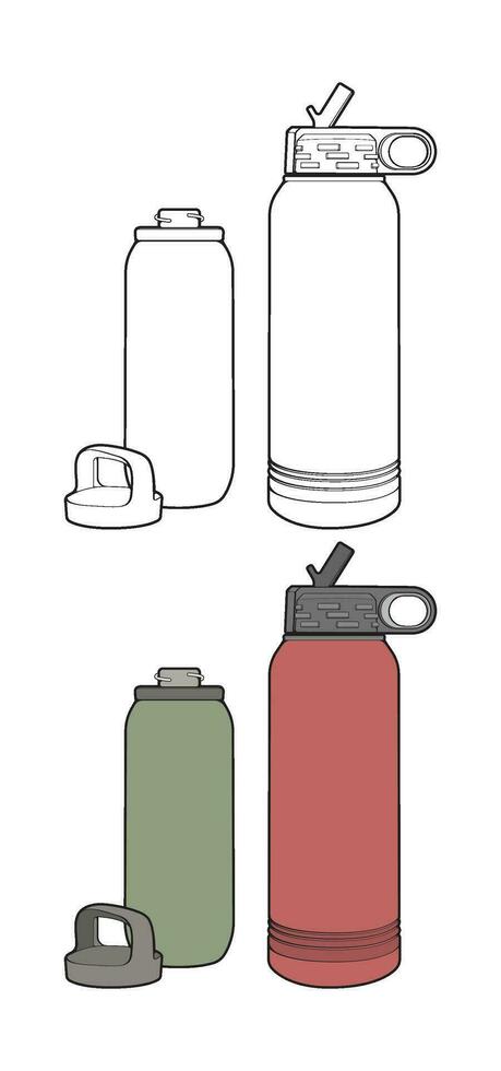 Set off Coloring of tumbler bottle outline drawing vector, tumbler bottle in a sketch style, tumbler bottle training template outline, vector Illustration.