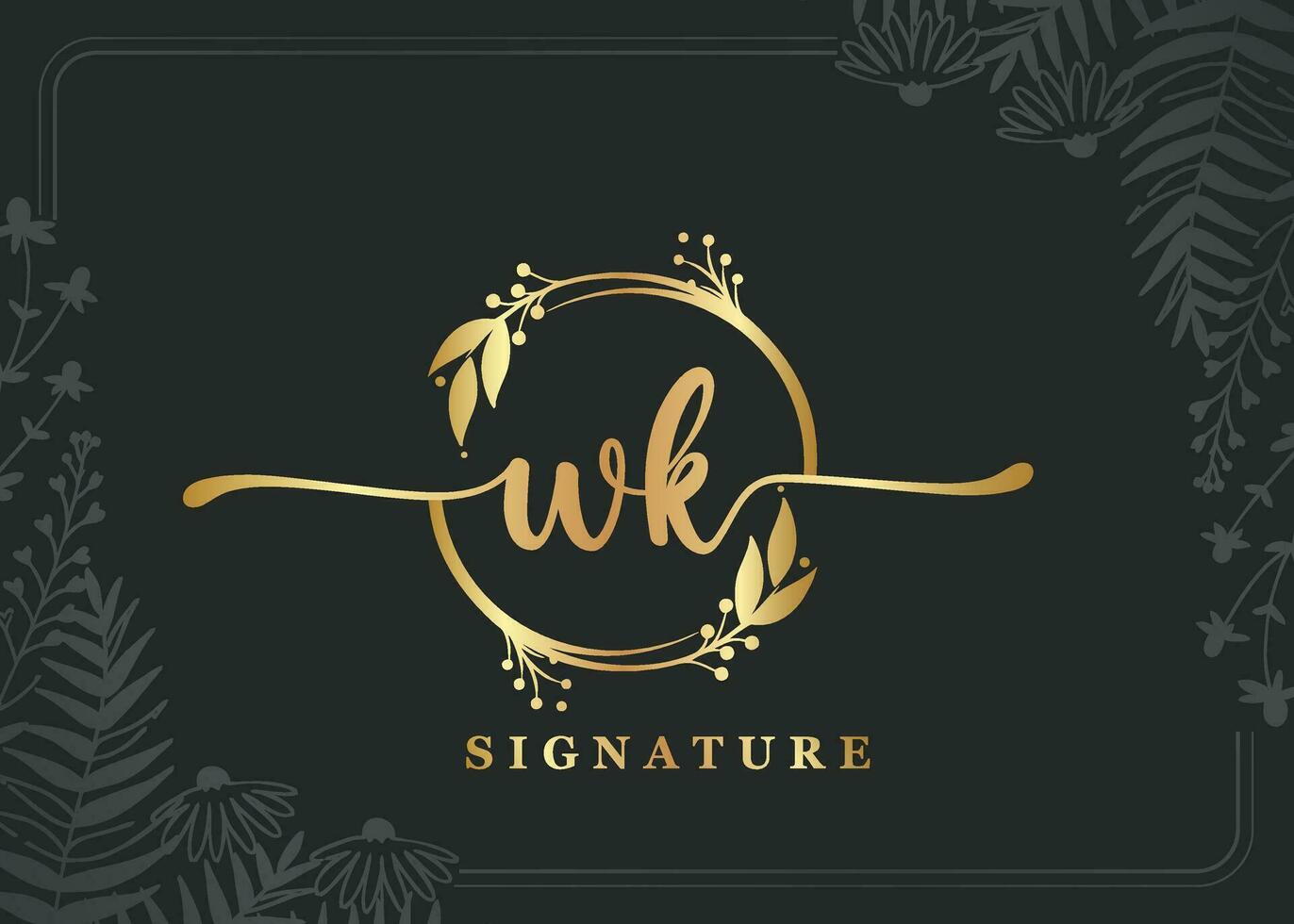 luxury gold signature initial wk logo design isolated leaf and flower vector