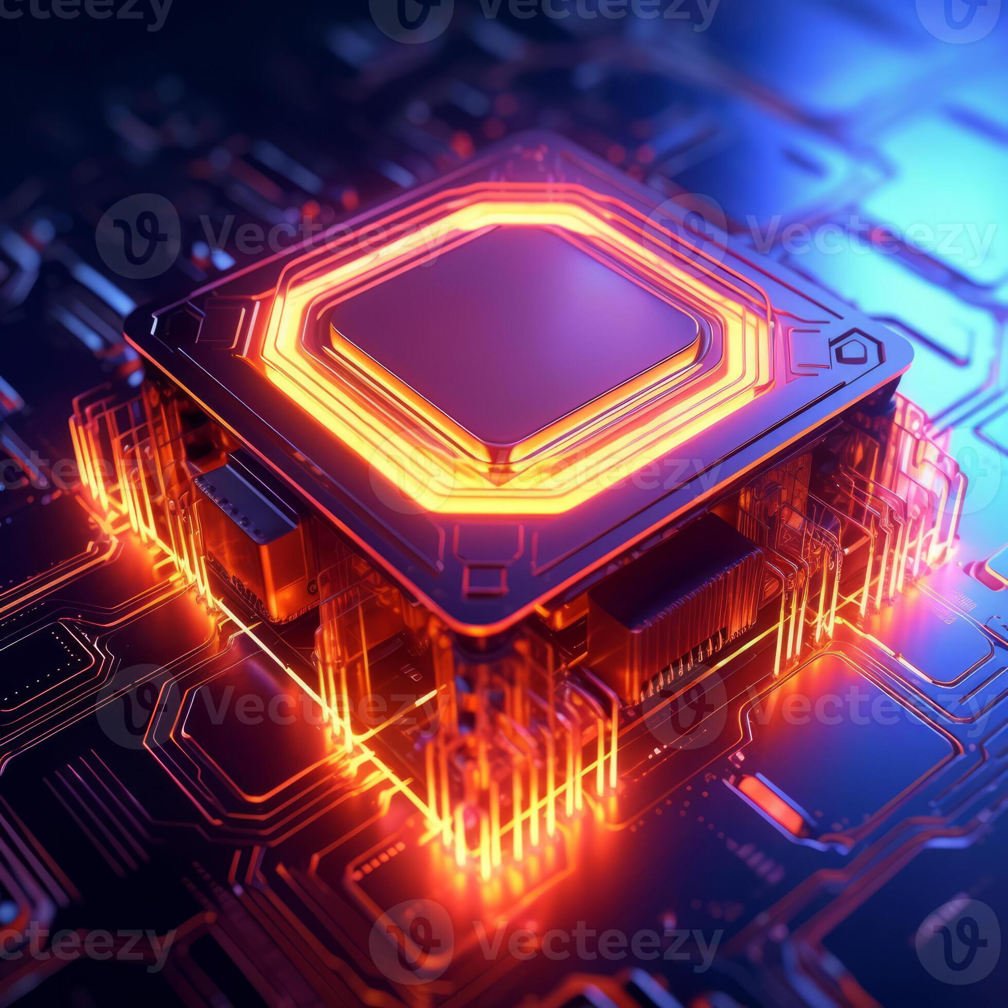 Closed up of CPU on the circuit board with orange and purple lighting