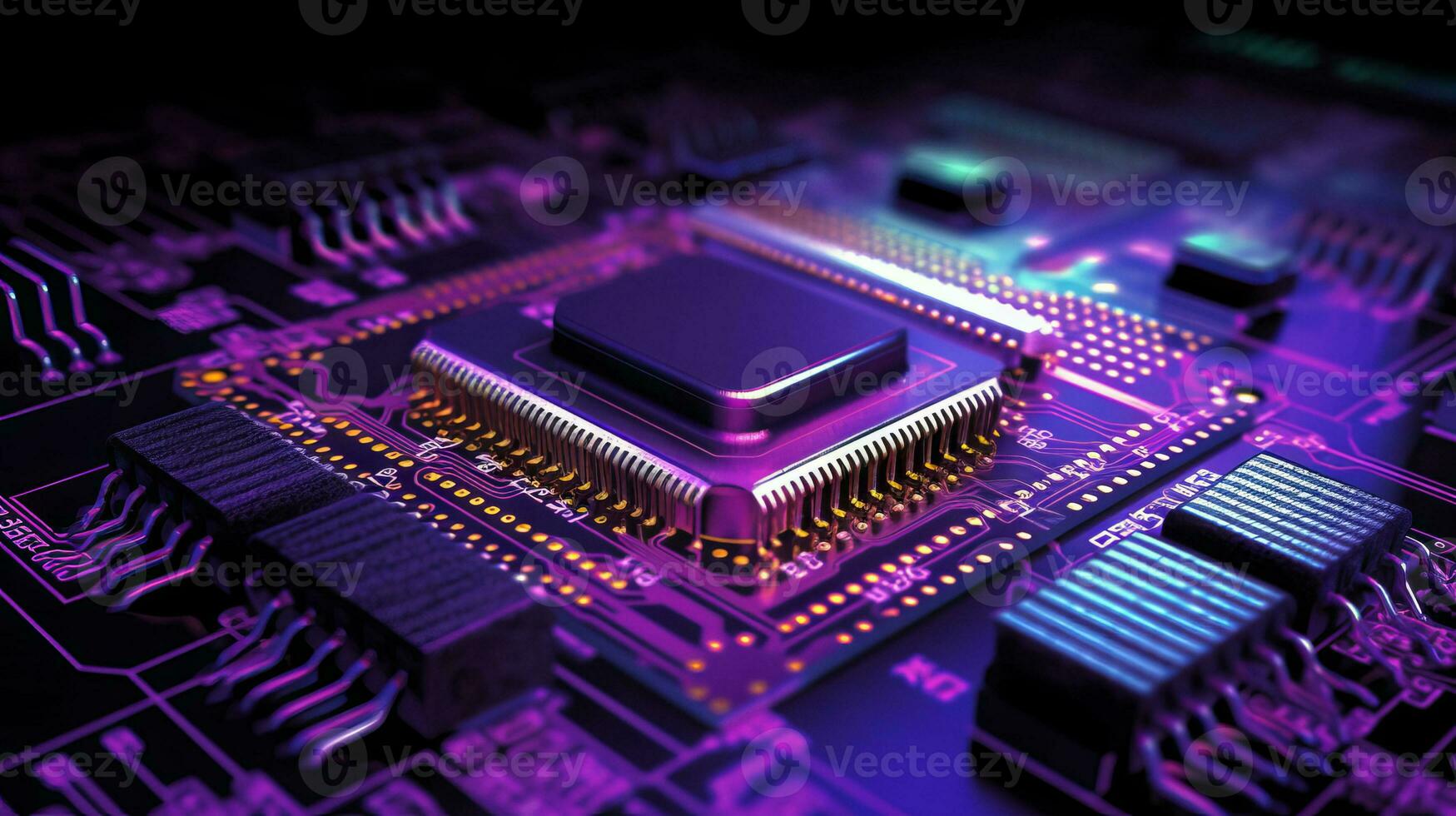 Closed up of CPU on the circuit board with purple lighting. Technology, innovation and future concept.AI generated, Generative AI photo