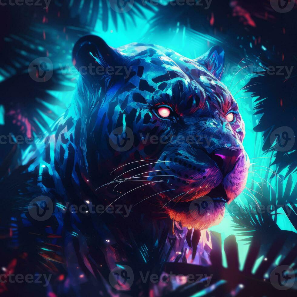 Cheetah in the wild with neon glow light.futuristic and cyberpunk style.Generative ai photo