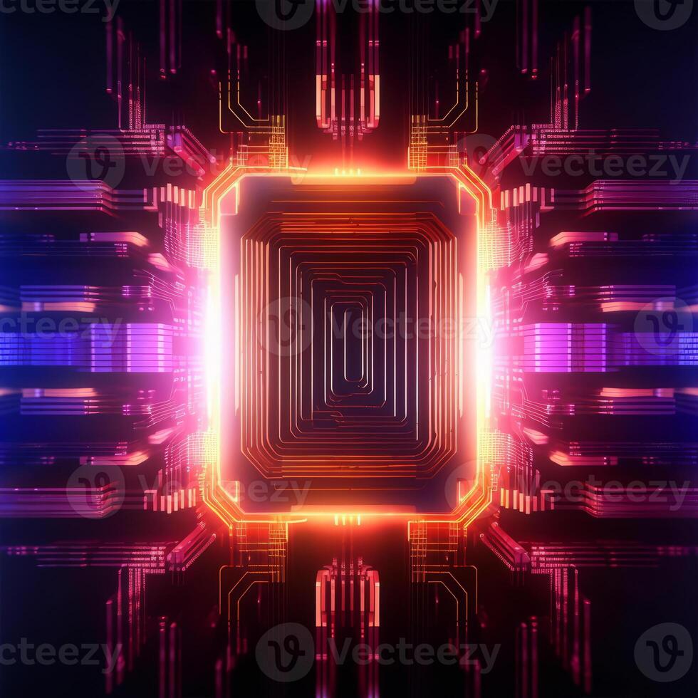 Closed up of CPU on the circuit board with orange and purple lighting. Technology, innovation and future concept., photo