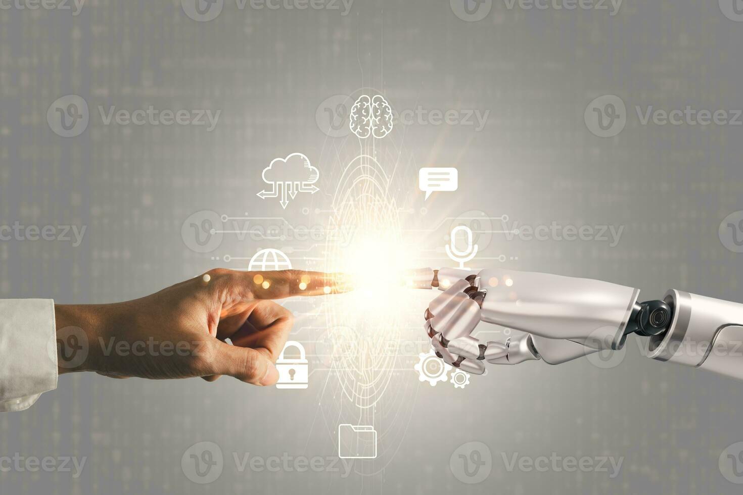 Business man and robot hand touch digital screen of AI icon artificial intelligence concept, big data, science, innovation technology, cloud computing, futuristic, internet network communication photo