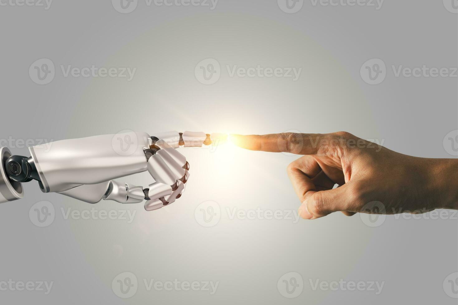 Business man and robot hand touching with flare light. AI artificial intelligence concept, big data, science, innovation technology, cloud computing, futuristic, internet network communication photo