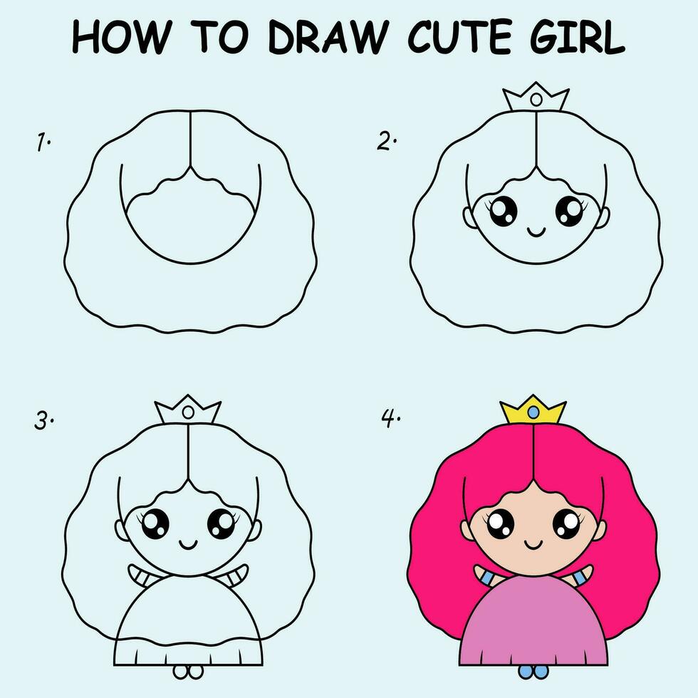 Step by step to draw a cute girl. Drawing tutorial a cute girl. Drawing  lesson for children. Vector illustration 25685806 Vector Art at Vecteezy