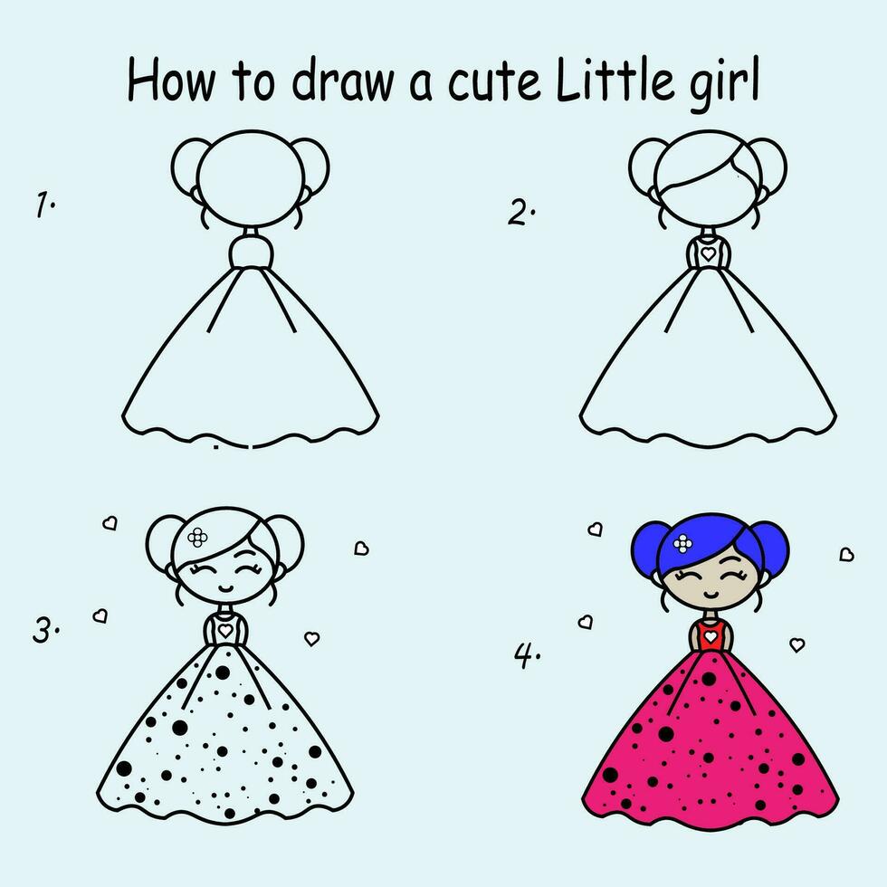 paso por paso a dibujar un linda muchacha. dibujo tutorial un linda muchacha. dibujo lección para niños. vector ilustración