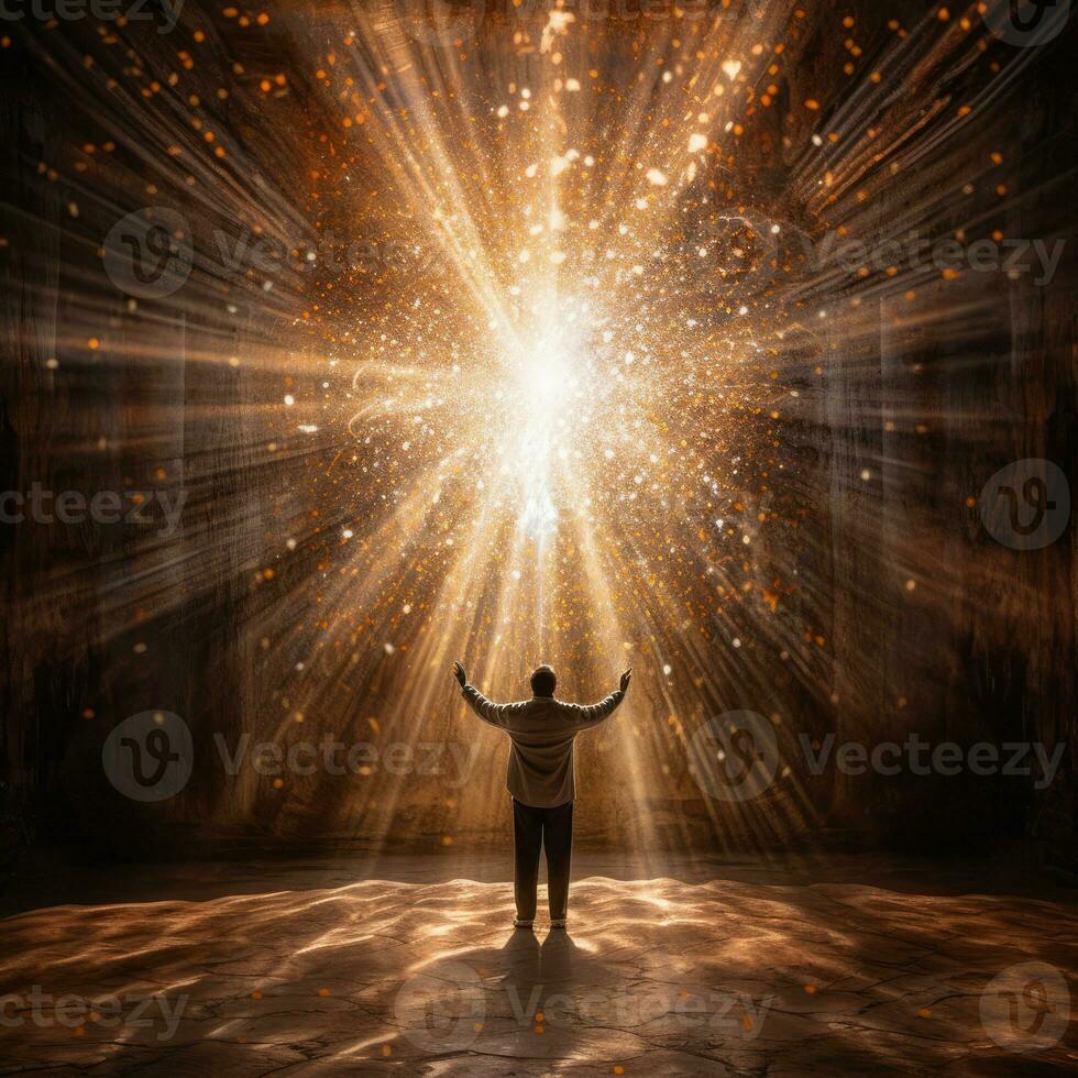 silueta de hombre con cielo resumen antecedentes y Dios iluminación.meditación, espiritual y Dios concepto.generativo ai foto