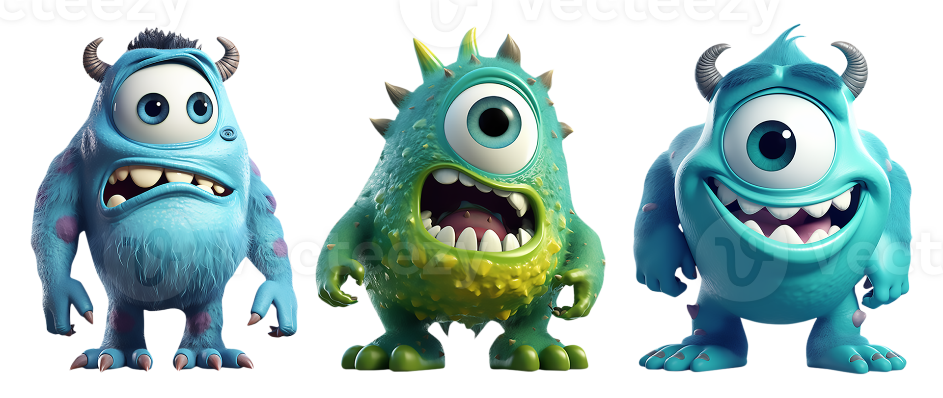 set of scary cute blue monsters, 3d cartoon character, isolated on transparent background, generative ai png