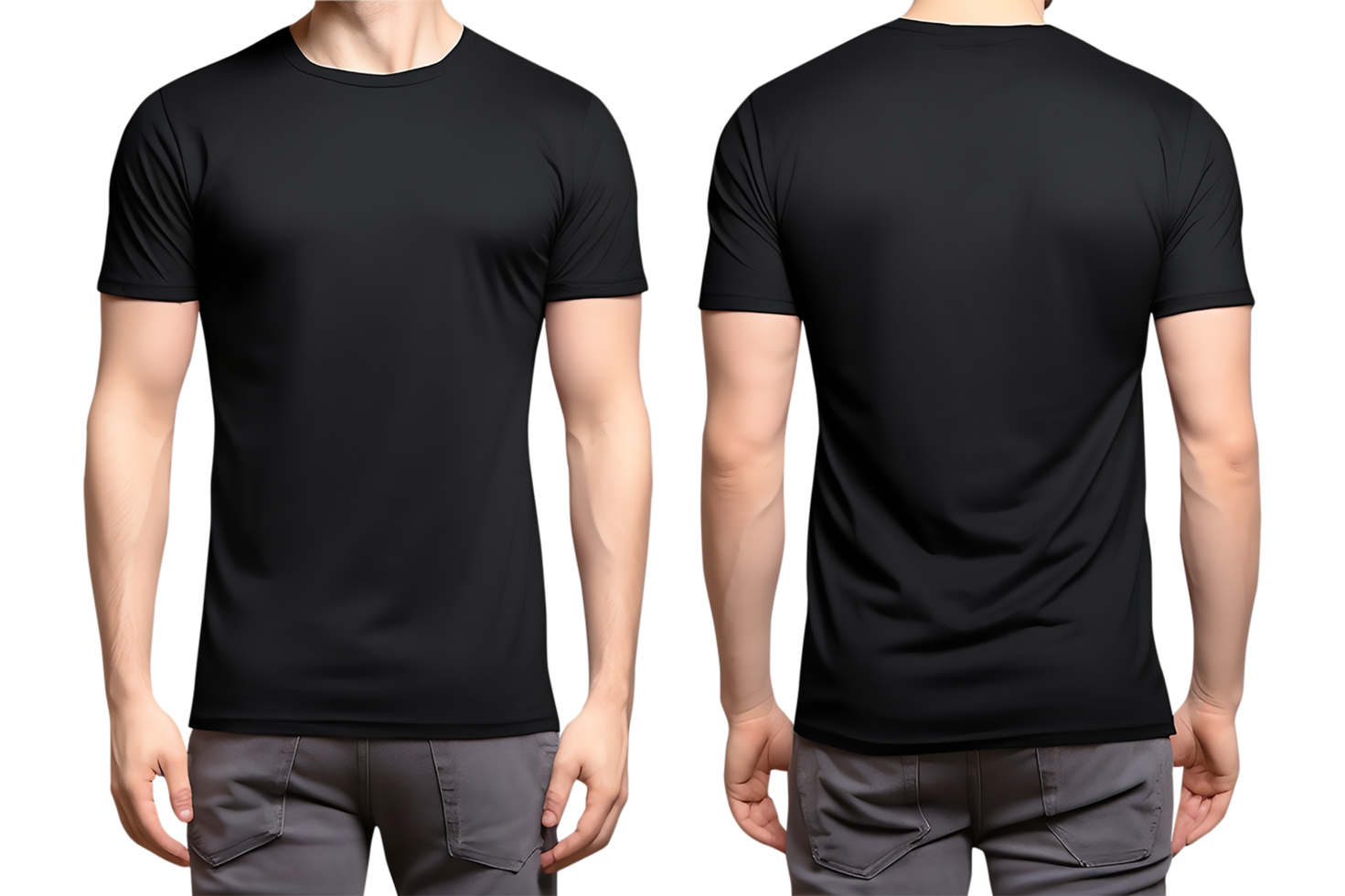 plain black t-shirt mockup template, with male model, front and back view, isolated on transparent background. generative ai png