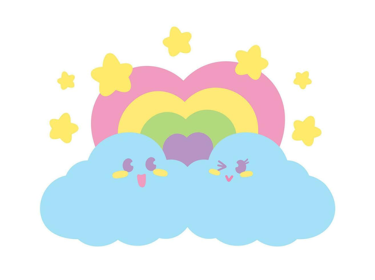 a couple of cute kawaii cloud with heart rainbow hand drawn illustration vector