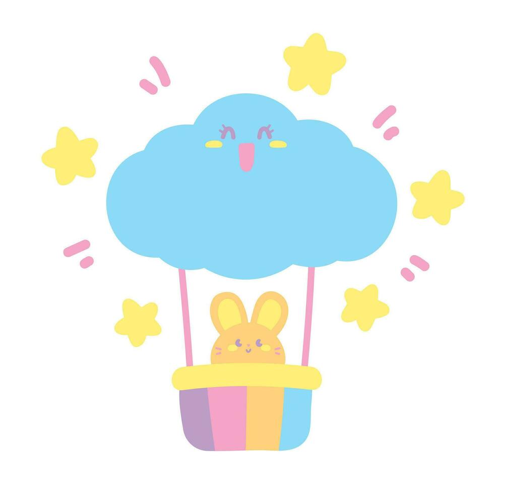cute kawaii happy cloud balloon with rabbit hand drawn illustration vector