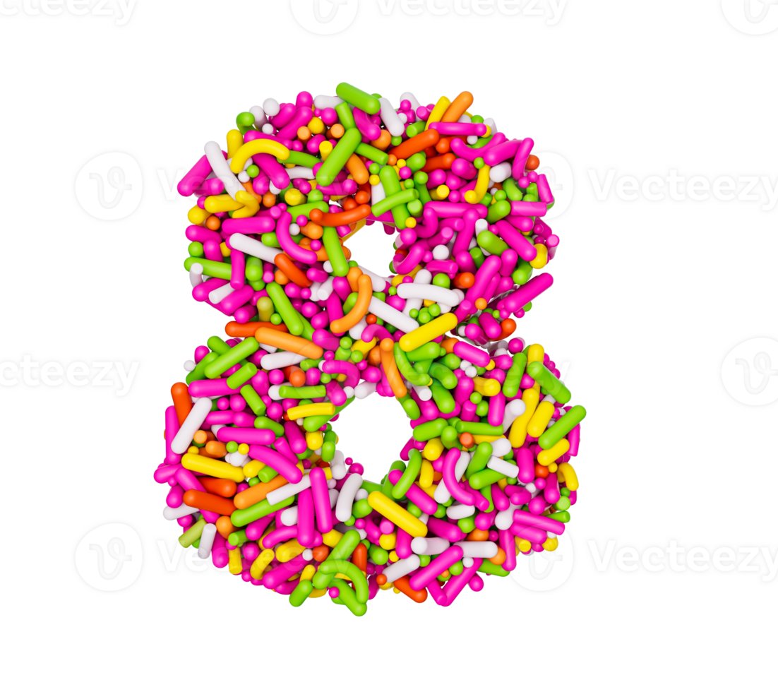 Digit 8 made of Colorful Sprinkles Numeric Eight Number Rainbow sprinkles 3d illustration png