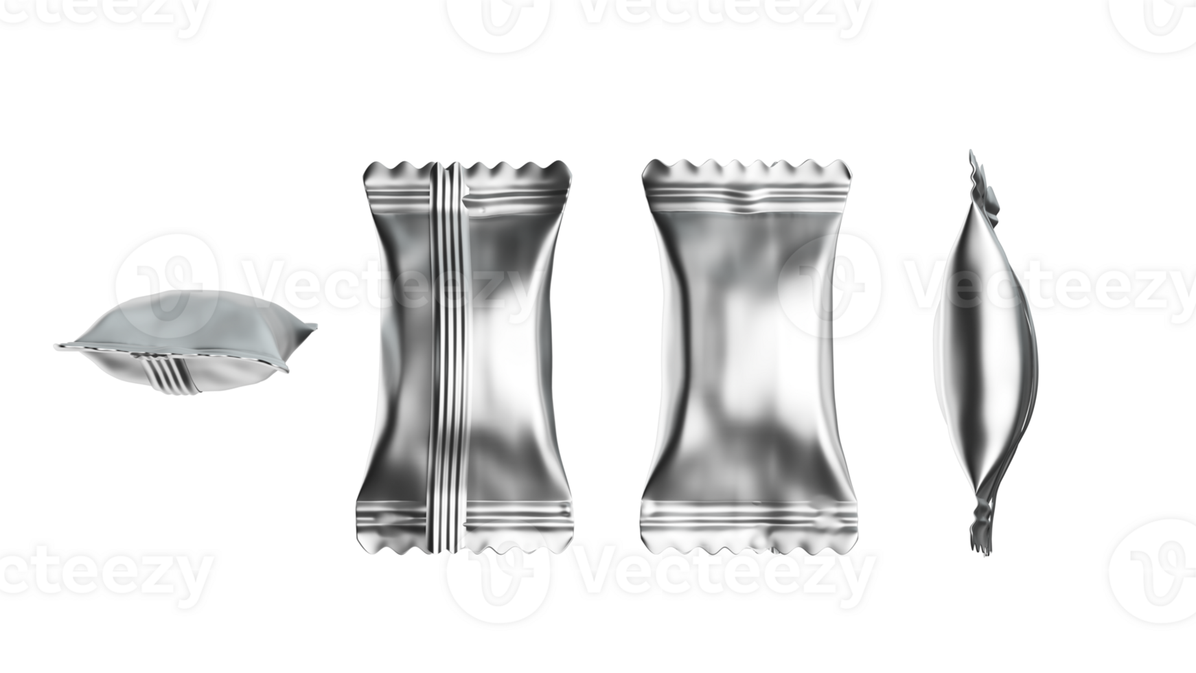 Blank silver metallic candy foil packs for packaging design. 3d illustration png