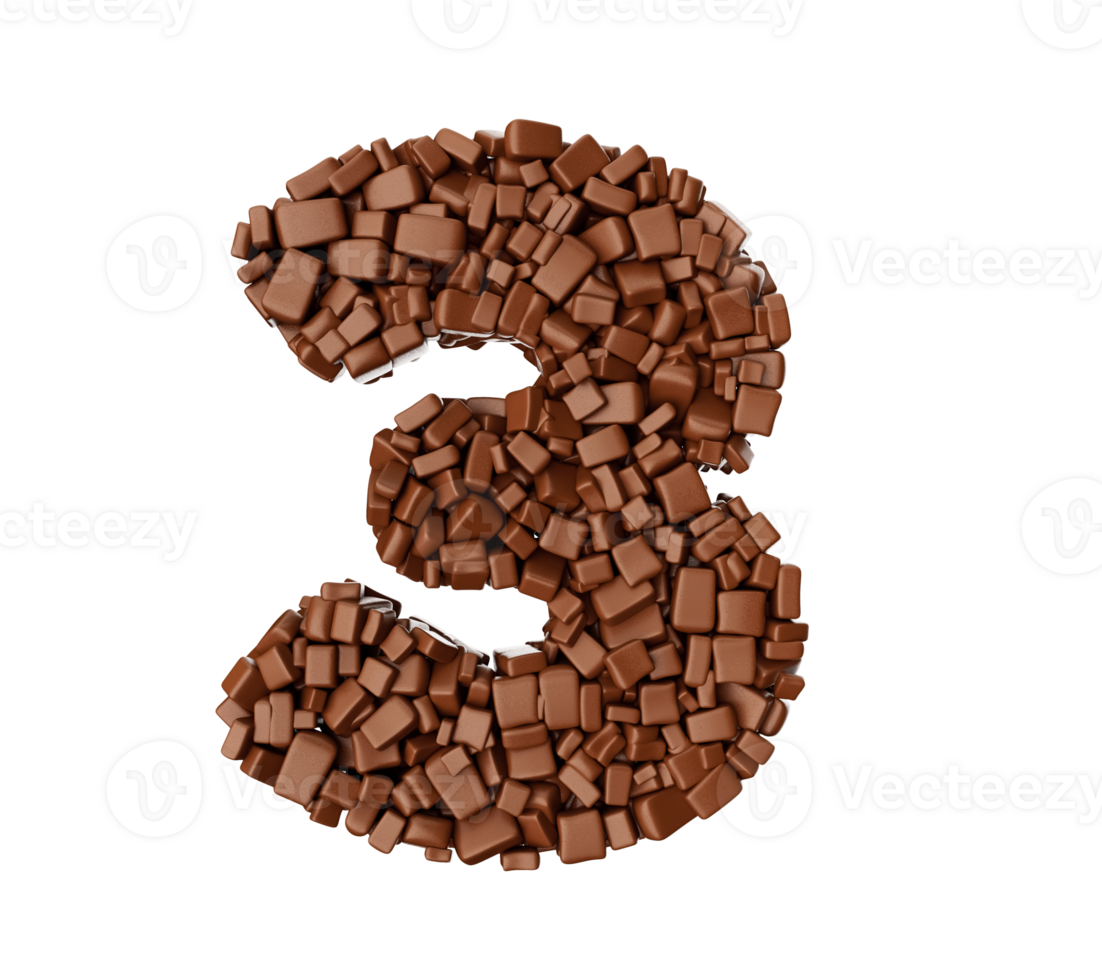 cijfer 3 gemaakt van chocola brokken chocola stukken numeriek 3, 3d illustratie png