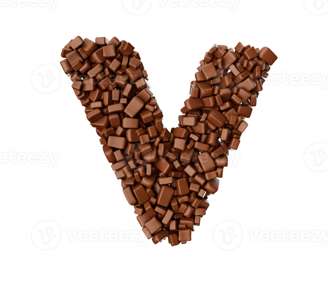 Letter V made of chocolate Chunks Chocolate Pieces Alphabet Letter V 3d illustration png