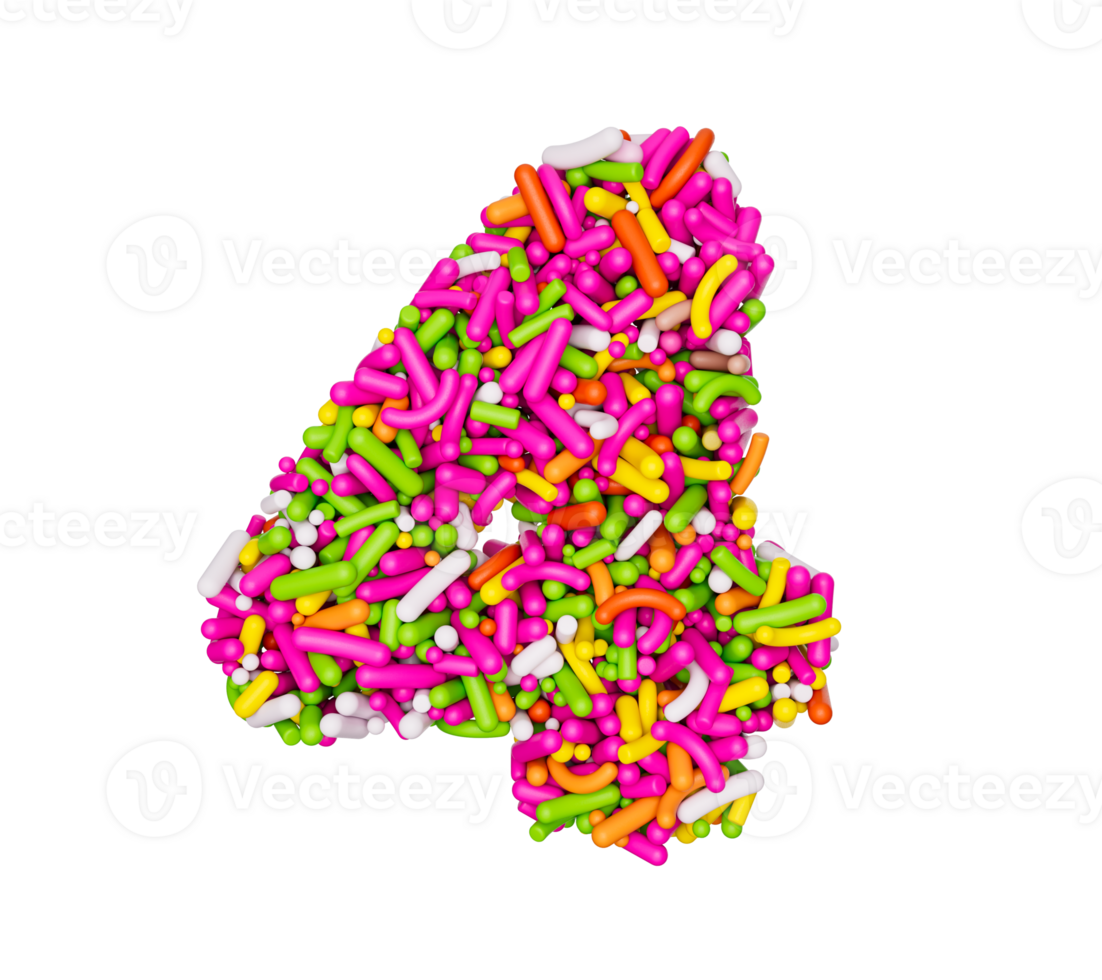 Digit 4 made of Colorful Sprinkles Numeric Four Number Rainbow sprinkles 3d illustration png