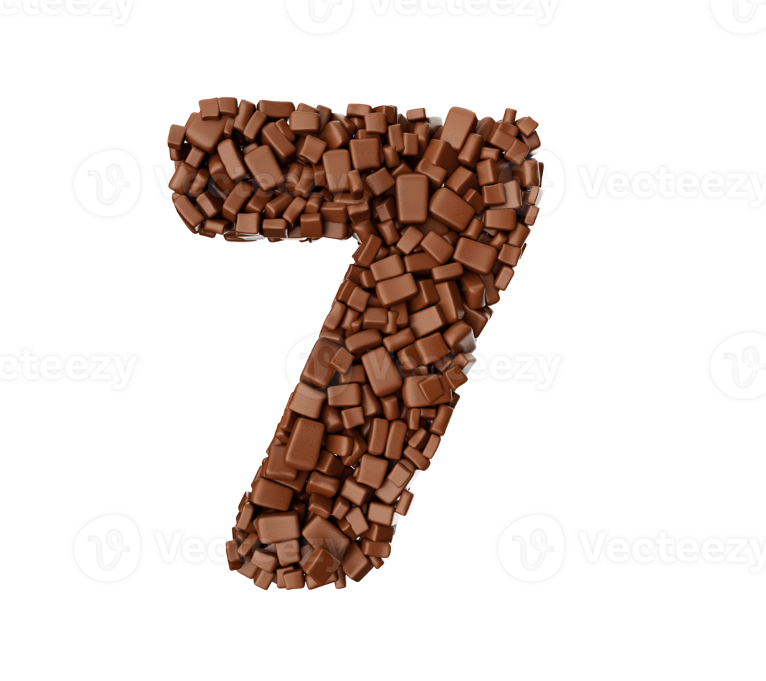 Digit 7 made of chocolate Chunks Chocolate Pieces Numeric Seven 3d illustration png