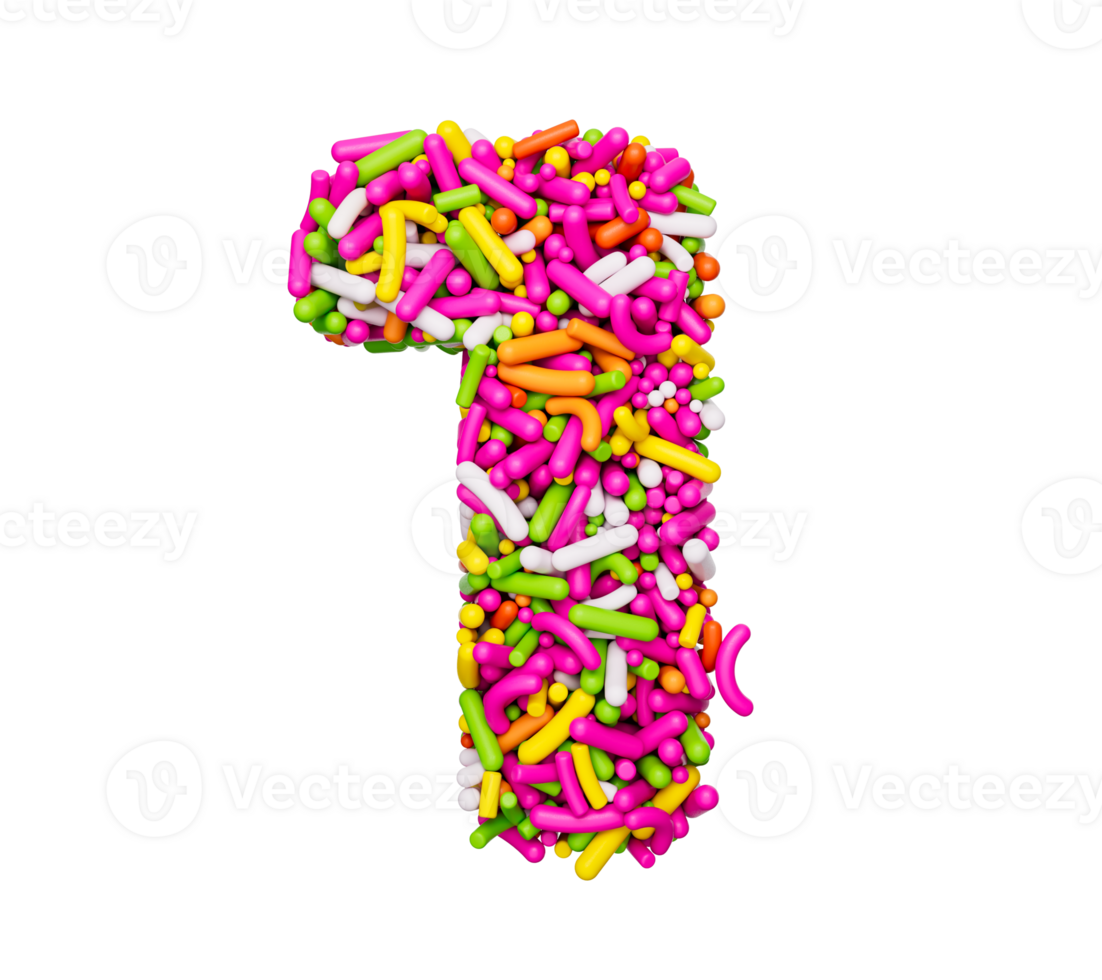 Digit 1 made of Colorful Sprinkles Numeric One Rainbow sprinkles 3d illustration png