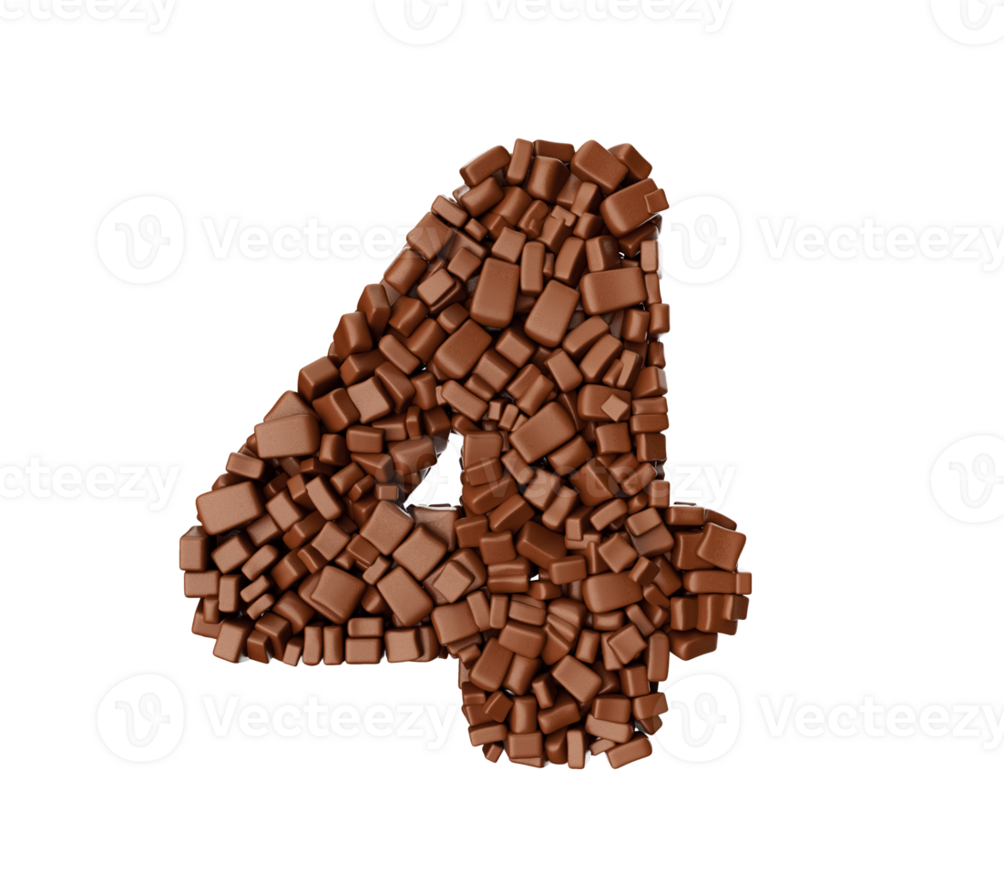 Digit 4 made of chocolate Chunks Chocolate Pieces Numeric Four 3d illustration png