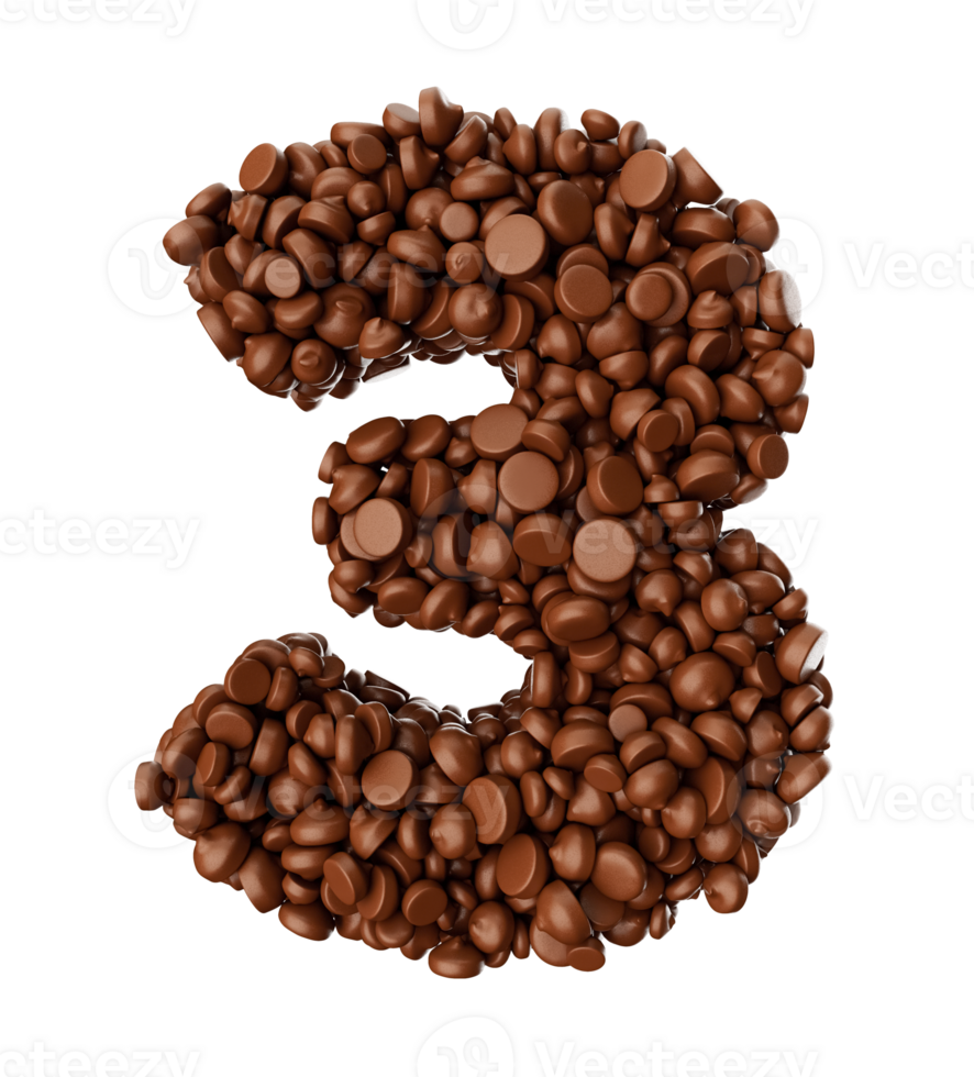 Digit 3 made of chocolate Chips Chocolate Pieces Numeric 3, 3d illustration png