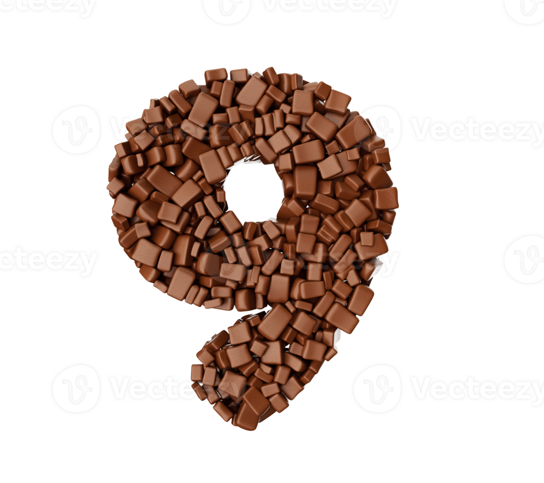 Digit 9 made of chocolate Chunks Chocolate Pieces Numeric Nine 3d illustration png