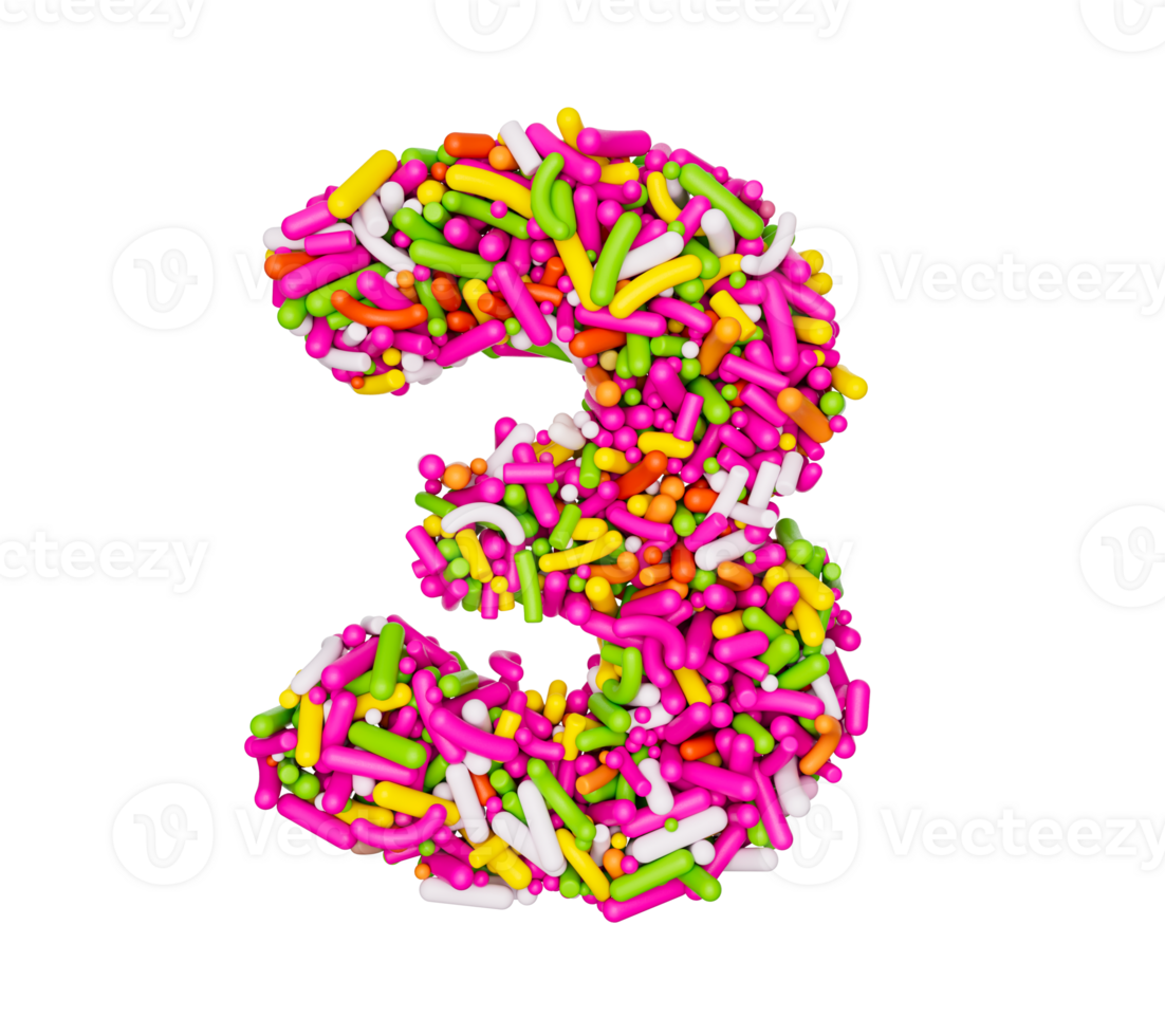 Digit 3 made of Colorful Sprinkles Numeric Three Rainbow sprinkles 3d illustration png