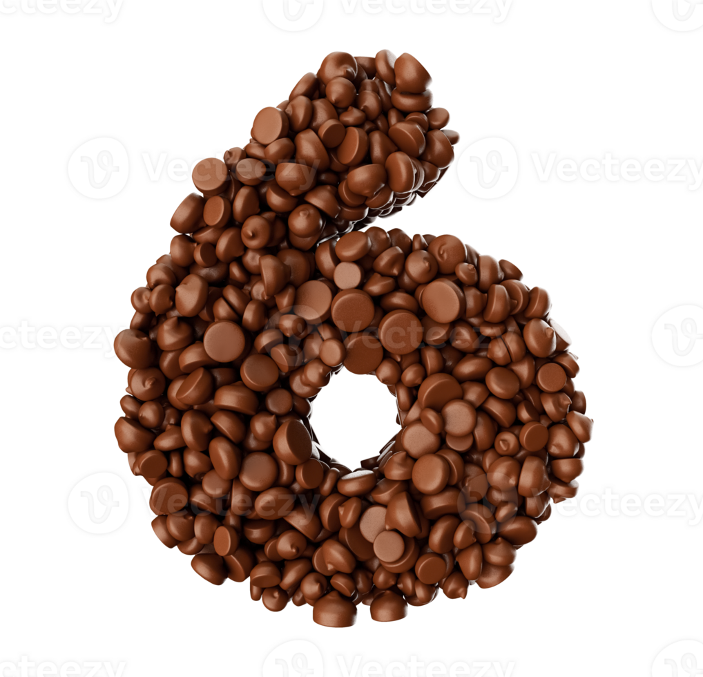 Digit 6 made of chocolate Chips Chocolate Pieces 6 3d illustration png