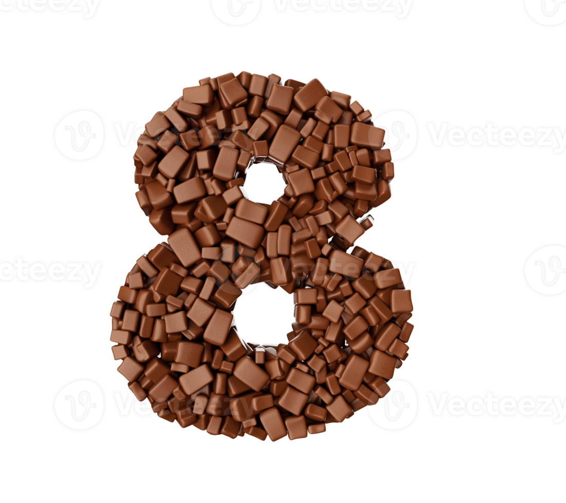 Digit 8 made of chocolate Chunks Chocolate Pieces Numeric Eight 3d illustration png