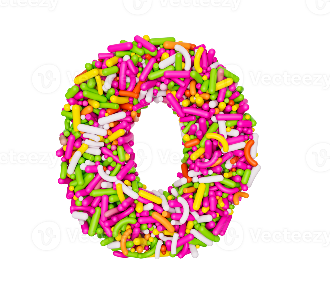 Digit 0 made of Colorful Sprinkles Numeric Zero Number Rainbow sprinkles 3d illustration png