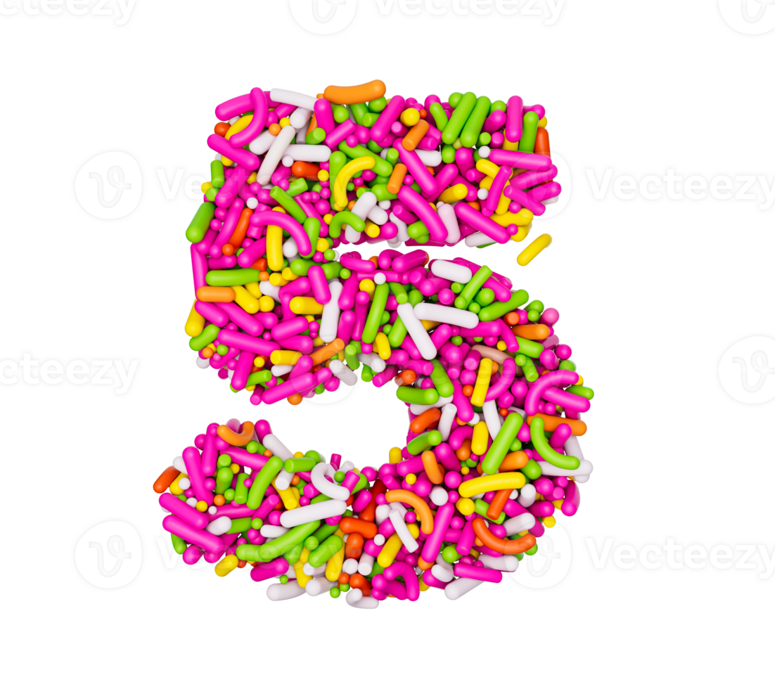Digit 5 made of Colorful Sprinkles Numeric Five Number Rainbow sprinkles 3d illustration png