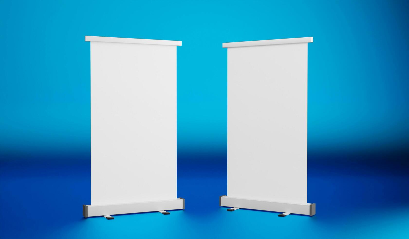 Blank roll up banner stand on blue background. 3d render photo