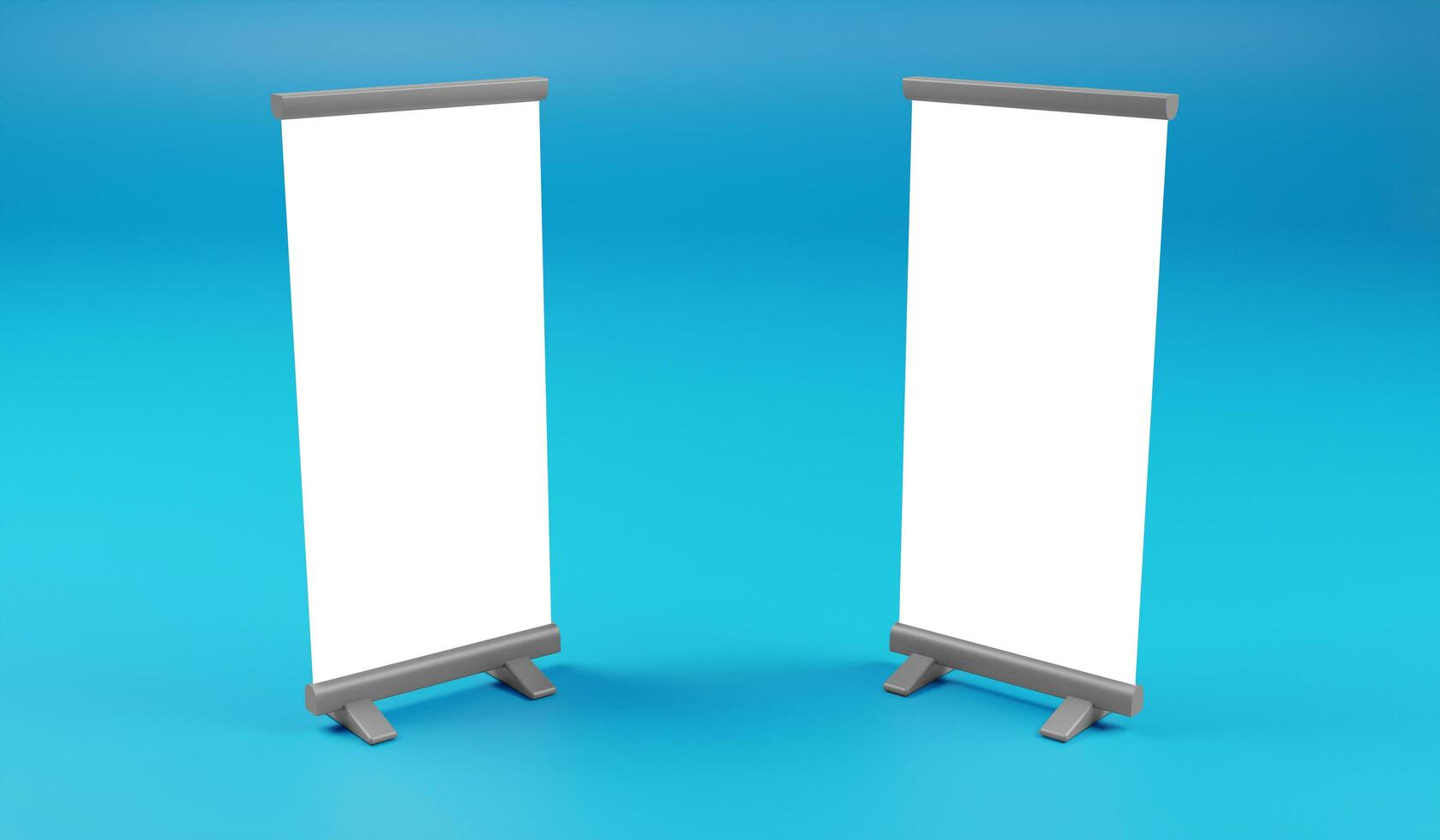 3d rendering of blank roll up banner stand isolated on blue background photo