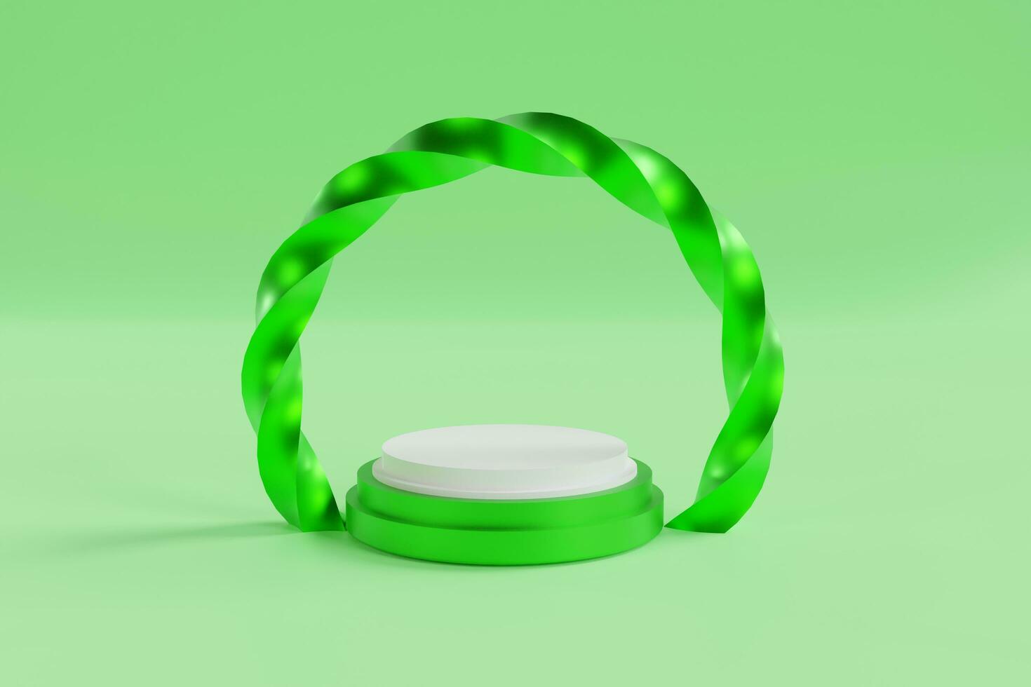 3d render of green round podium with ribbon on green background. photo