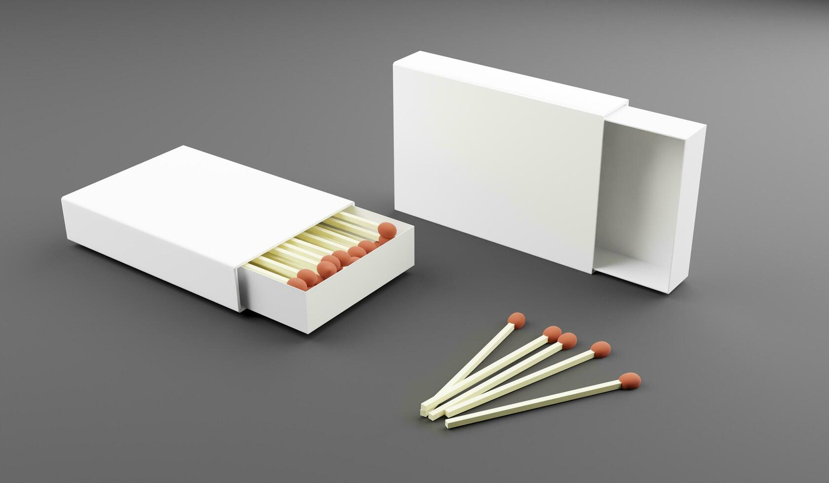 3d illustration of matchbox with matchsticks on grey background photo