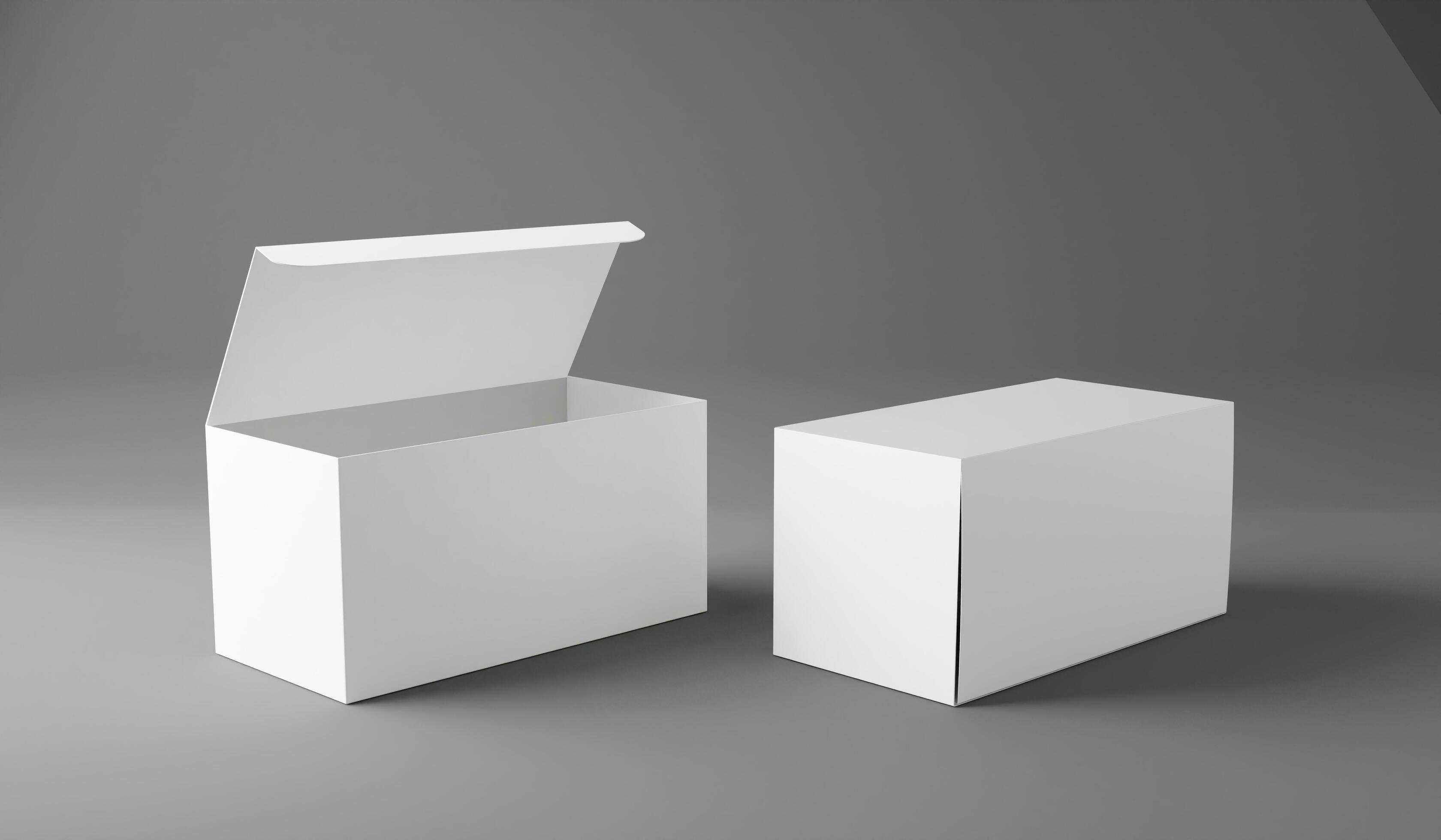 White box mockup, blank box template isolated on grey background, 3D White box mockup, blank box template isolated on grey background, 3D