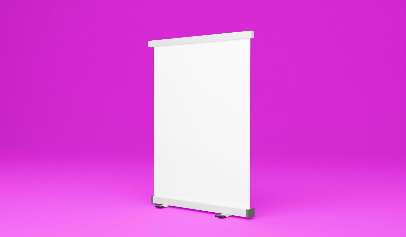 Blank roll up banner stand isolated on purple background. 3d rendering photo