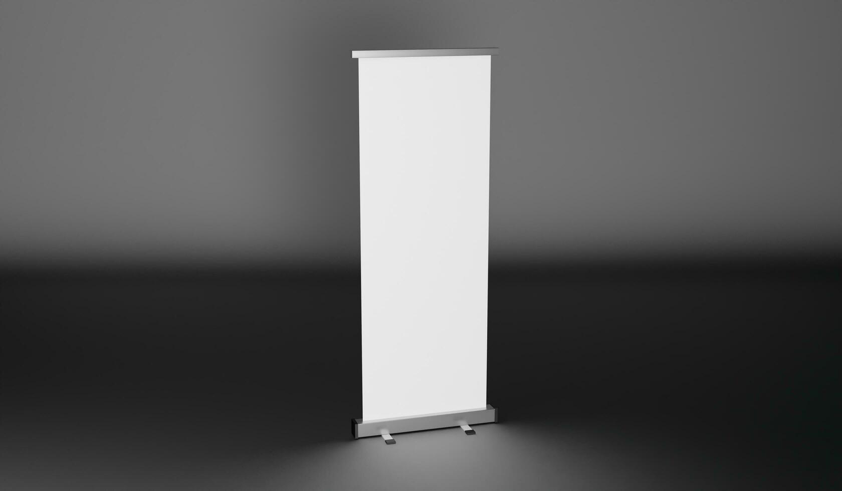 Blank roll up banner stand in dark room. 3d render photo