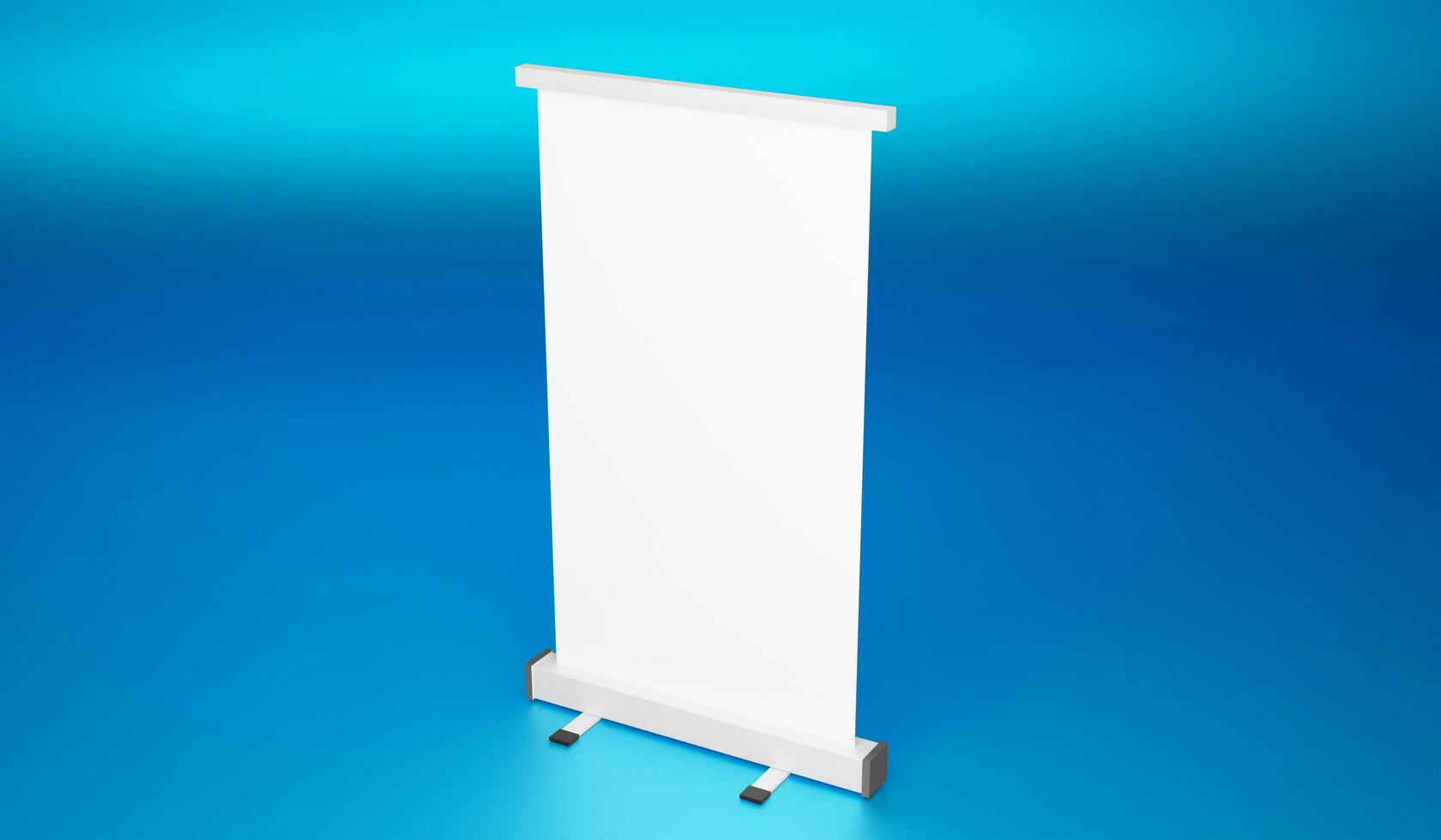 Blank roll up banner stand on blue background. 3d render photo