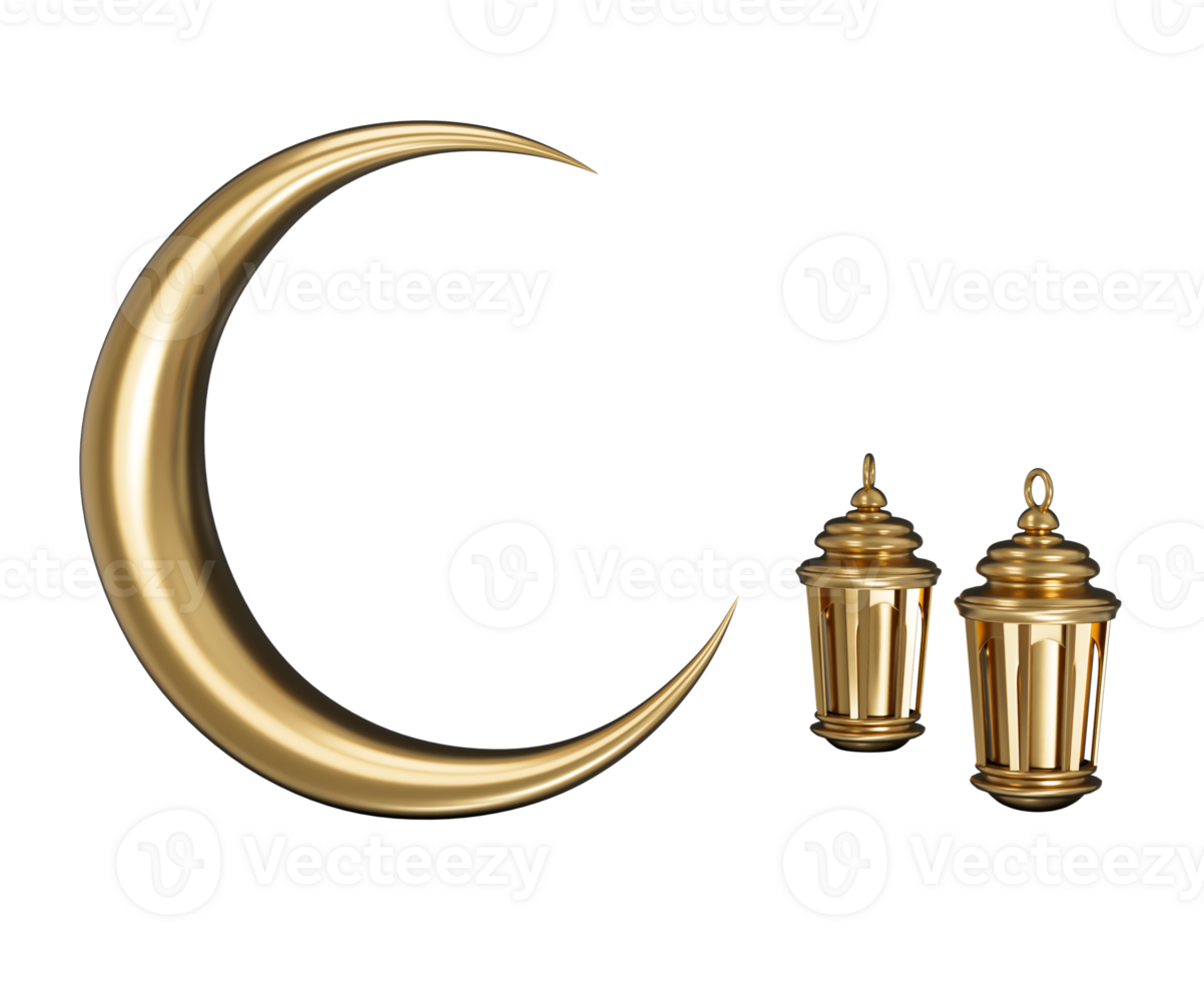 Eid Mubarak islamic design crescent moon and Gold Lantern 3d illustration png