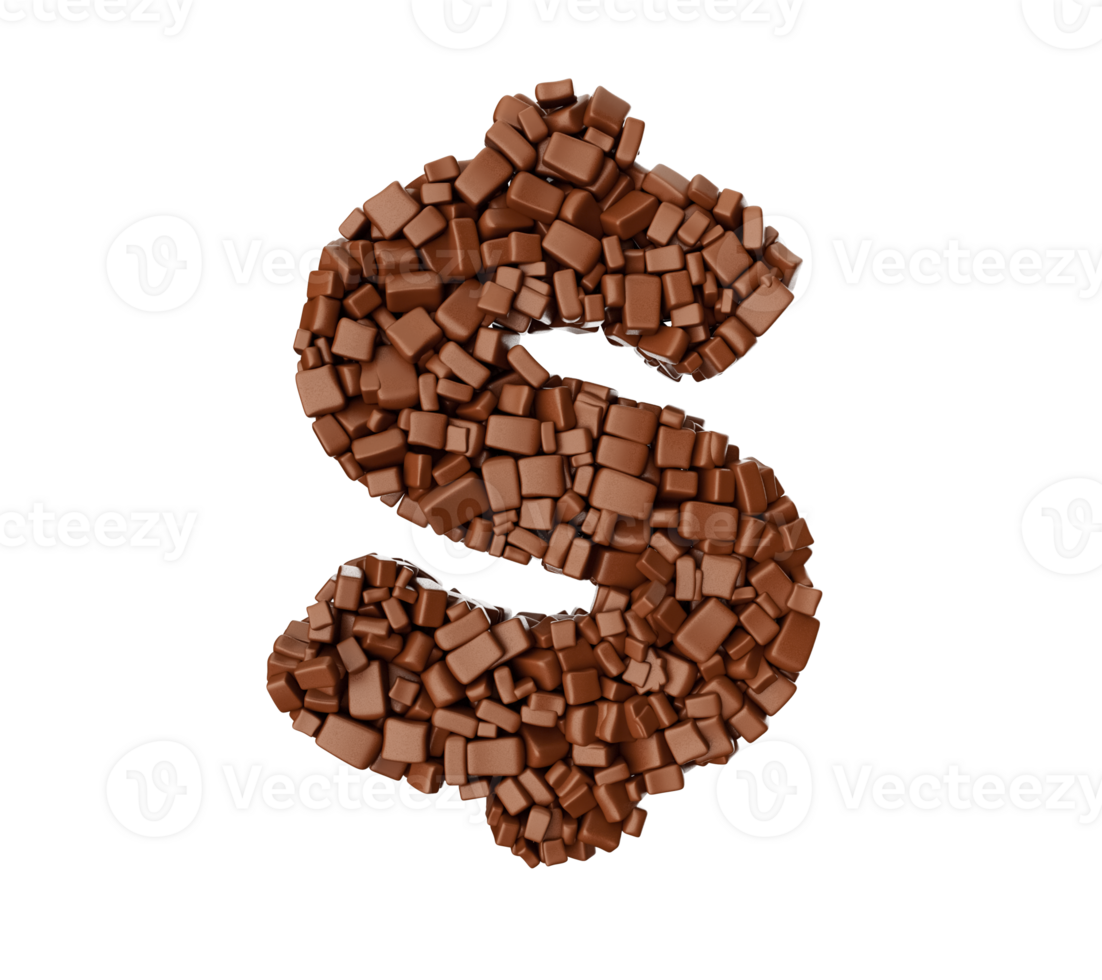 Dollar Symbol made of chocolate Chunks Chocolate Pieces 3d illustration png