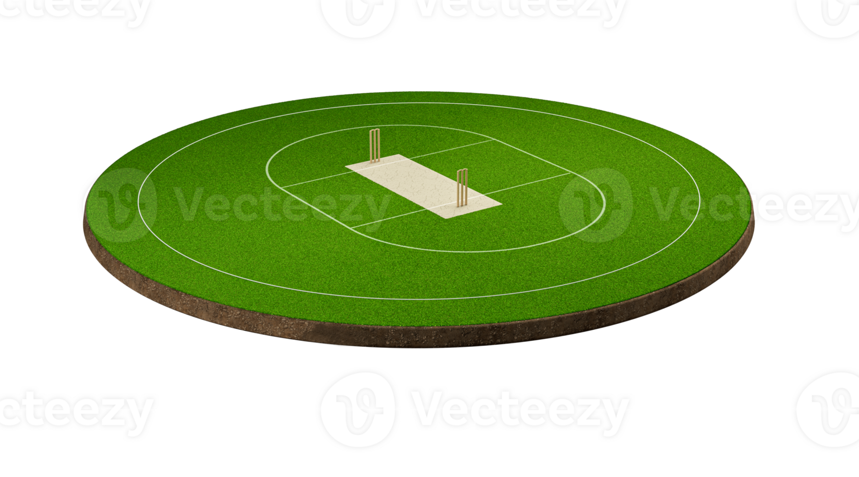 Vista frontal do estádio de críquete em campo de críquete ou campo de jogo de esporte de bola, estádio de grama ou arena de círculo para série de críquete, gramado verde ou terreno para batedor, jogador. ilustração 3d de campo externo png