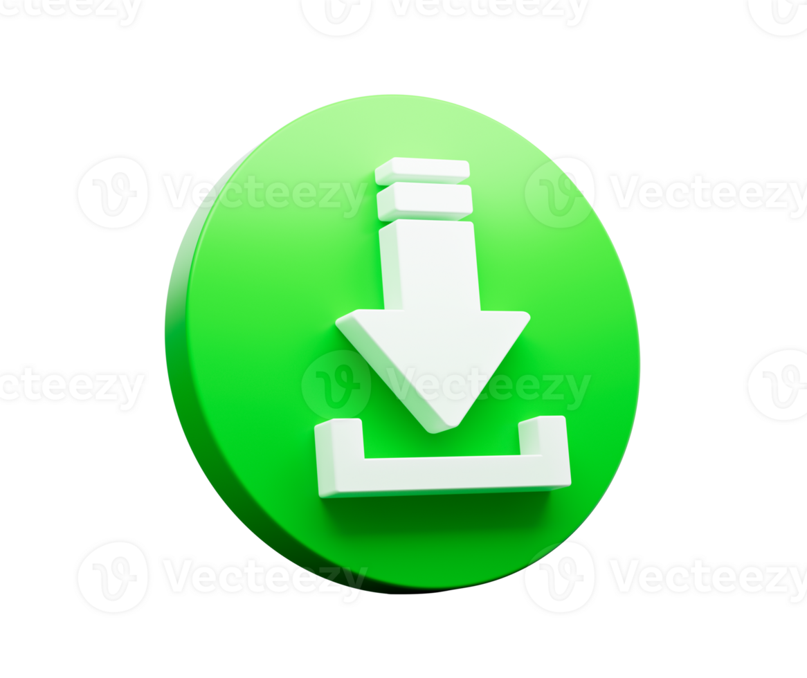 Download icon with White down arrow on Green Button 3d illustration isolated png