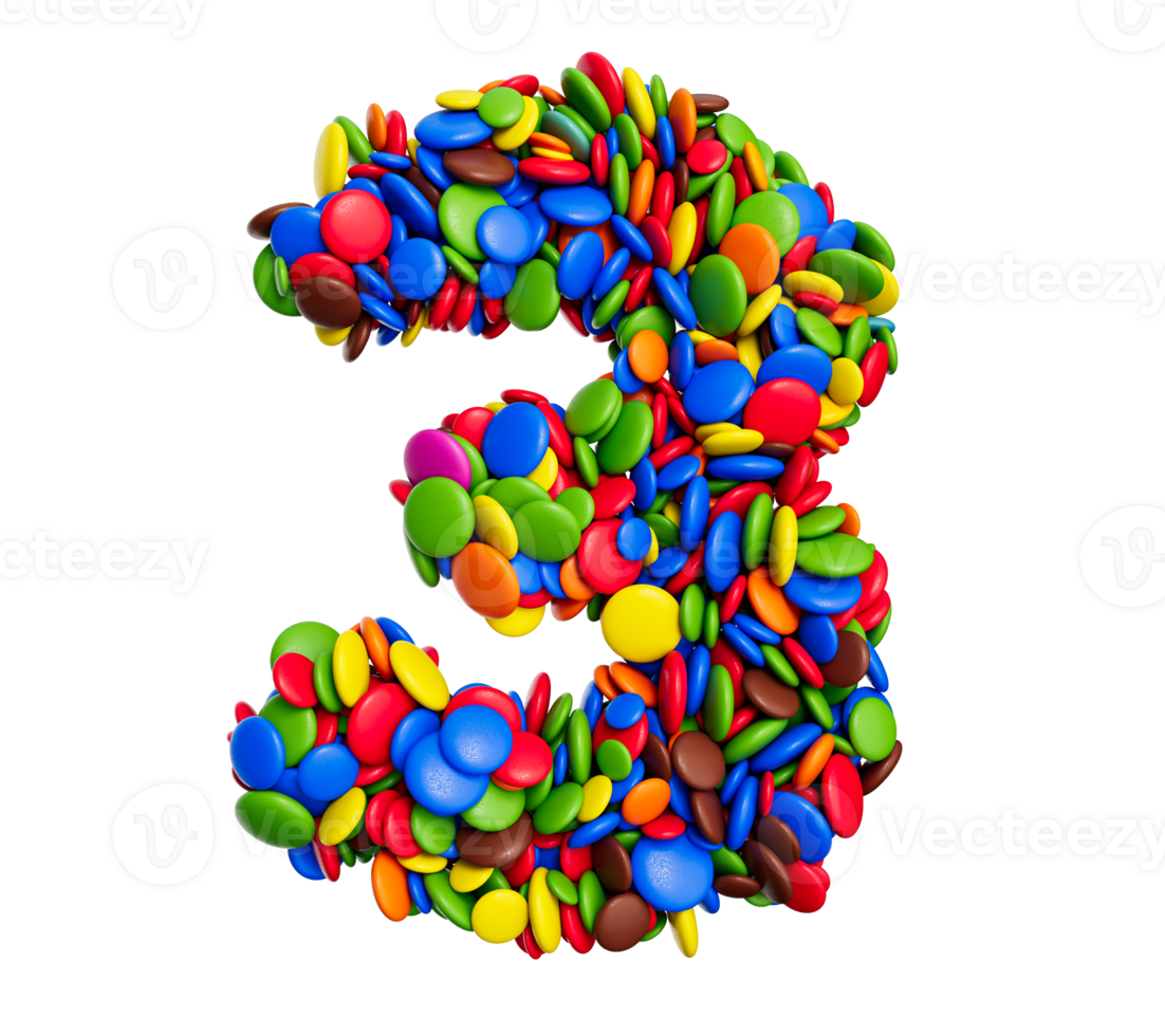 Ziffer 3 mehrfarbig Regenbogen Süßigkeiten festlich isoliert 3d Illustration png