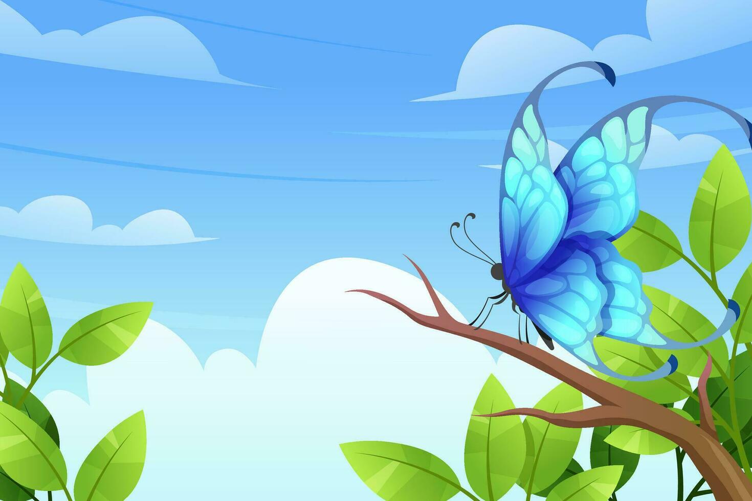 Blue butterfly on tree. Summer nature scene. vector