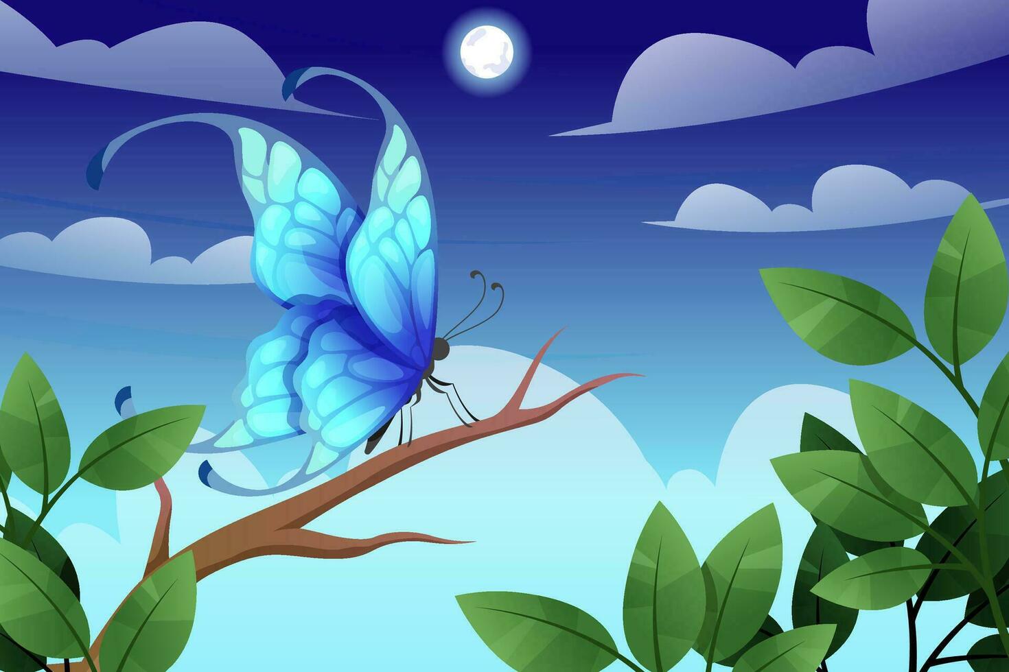 Blue butterfly on tree at night vector