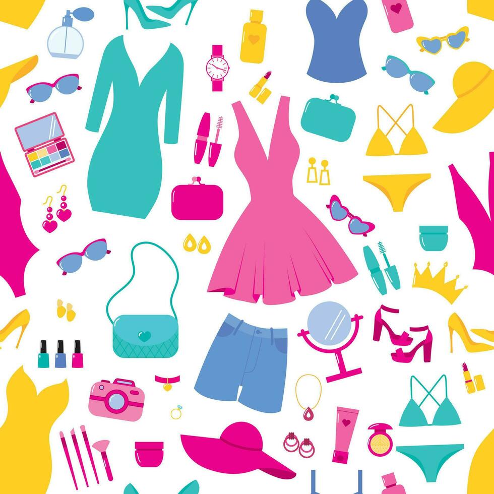 Vector pattern with women's clothing, cosmetics and jewelry